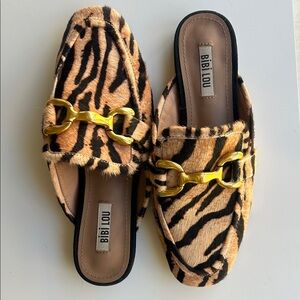 Bibi Lou Tiger-Print Slide Mules with Gold Bit - Tan/Black